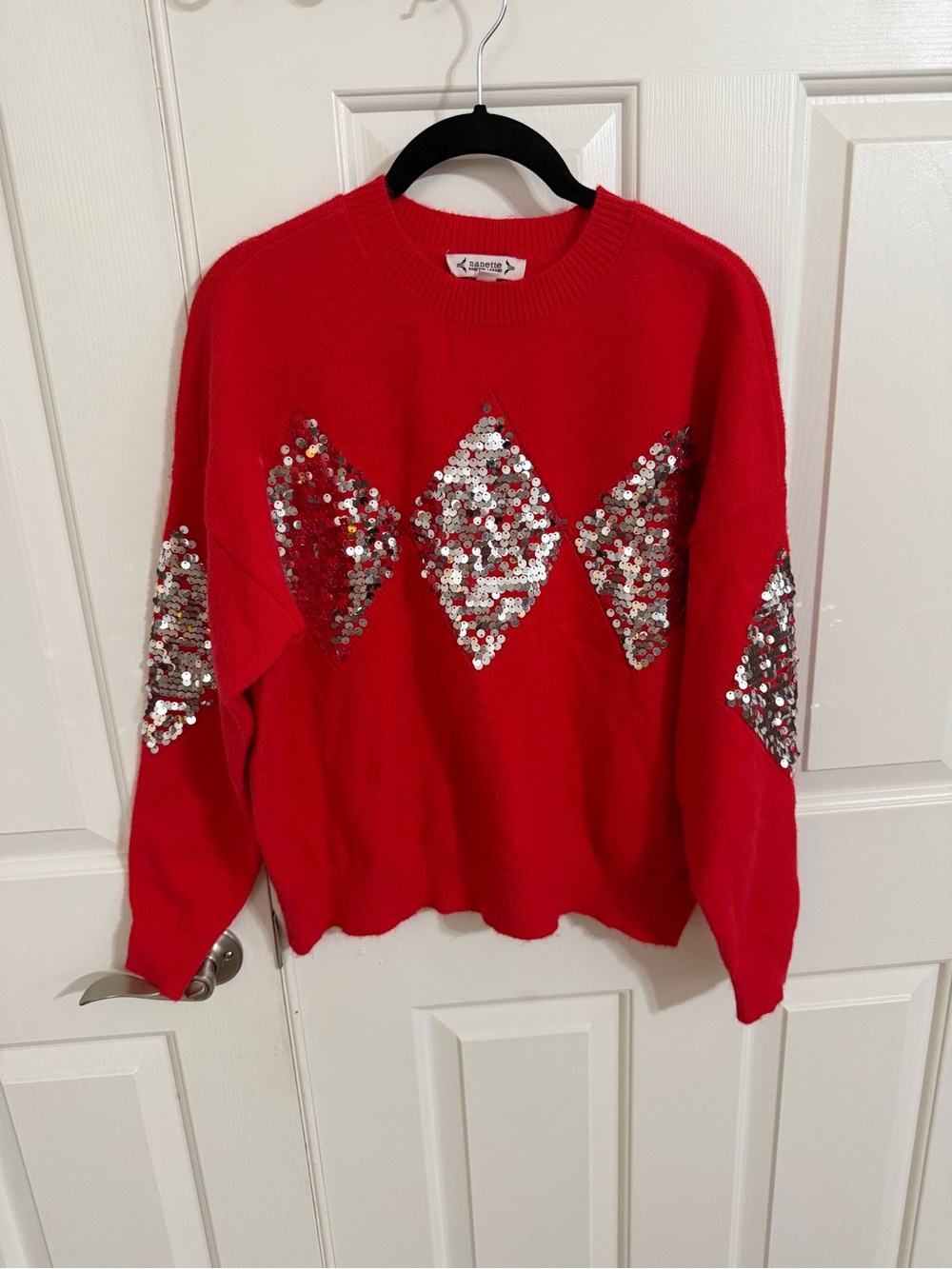 Nanette Nanette Lepore Red Silver Sequin Diamond Sweater Size M